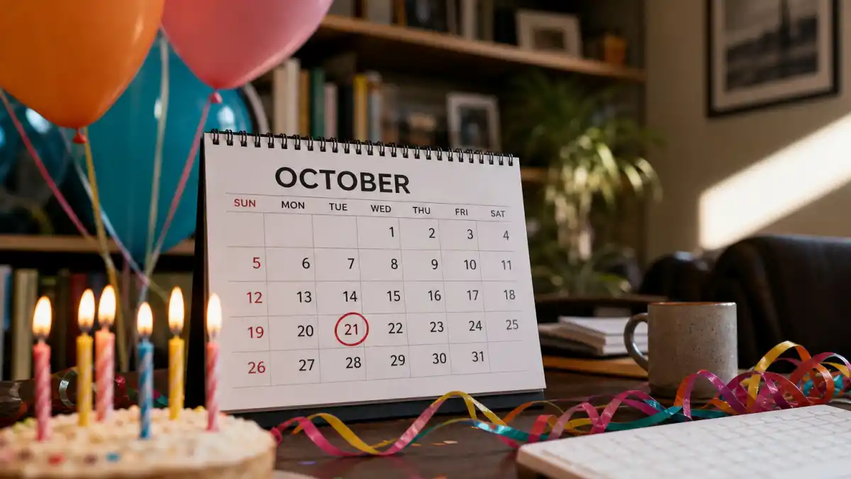 How old is Doja Cat — desk calendar open to October with birthday decorations marking her Libra birth date on October 21