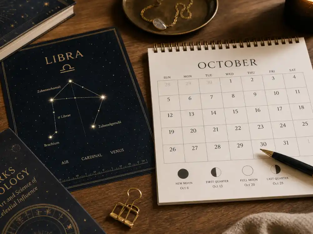 Libra zodiac chart beside October calendar for how old is Doja Cat — October 21 birth date places her under the Libra sign in Western astrology
