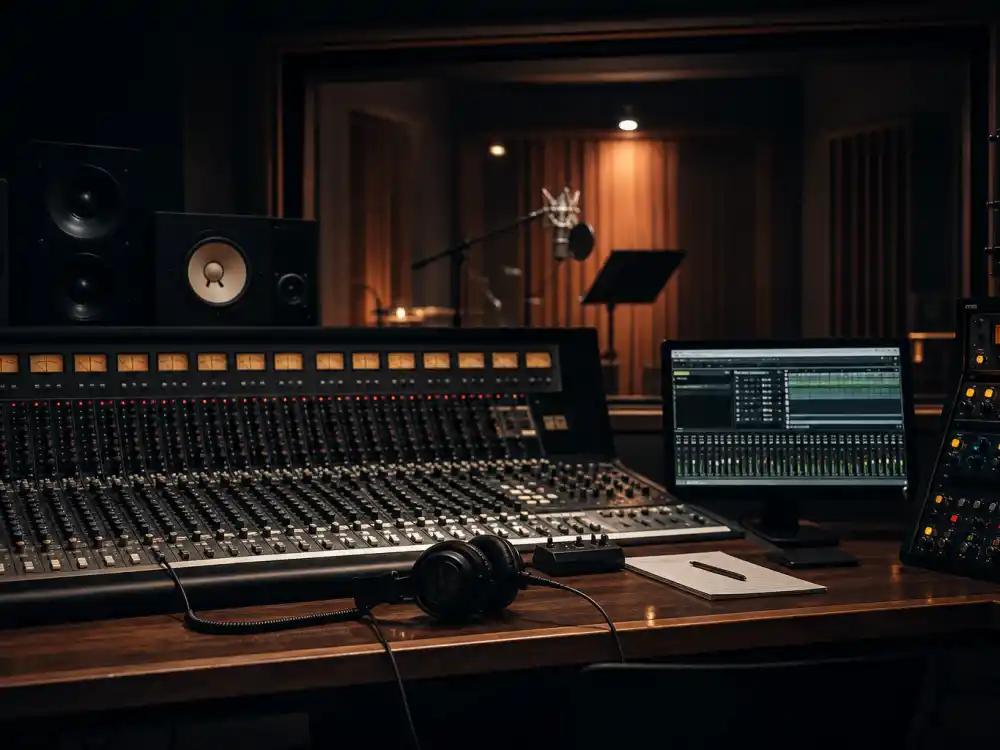 Music recording studio control room reflecting how old is Doja Cat at major studio album milestones from SoundCloud roots to Grammy-winning pop stardom