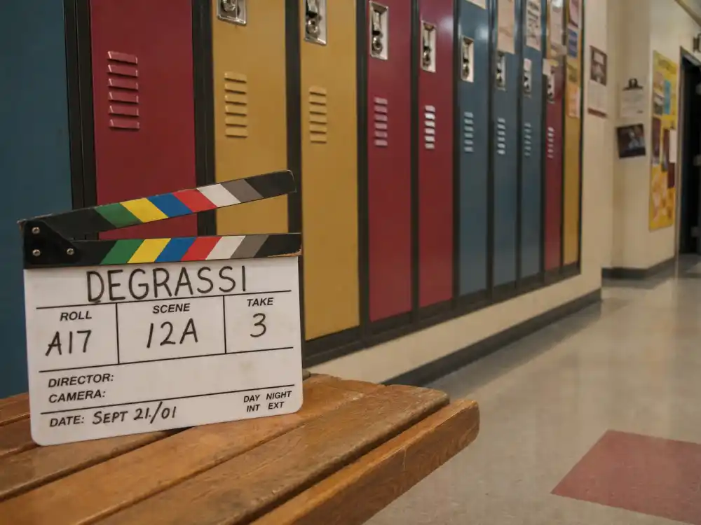 Teen drama set hallway for how old is Drake Degrassi acting origin editorial without identifiable faces