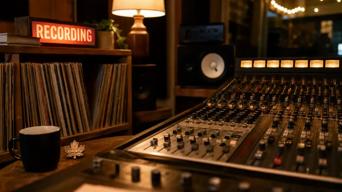 How old is Drake editorial hero — recording studio mixing console with Toronto pin without identifiable Drake likeness