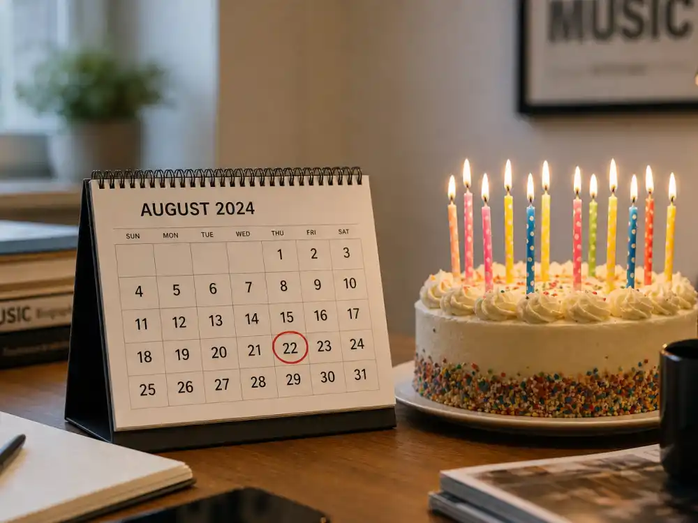 August 22 birthday calendar and candles marking how old is Dua Lipa each year when fans celebrate her Leo birth date