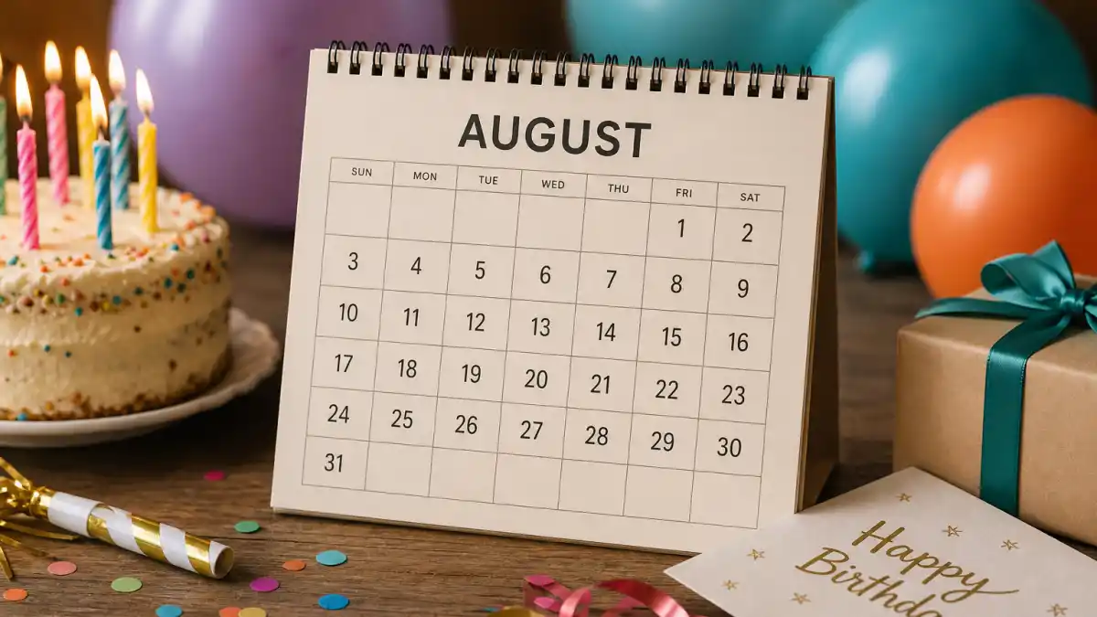 How old is Dua Lipa — desk calendar open to August with birthday decorations marking her Leo birth date