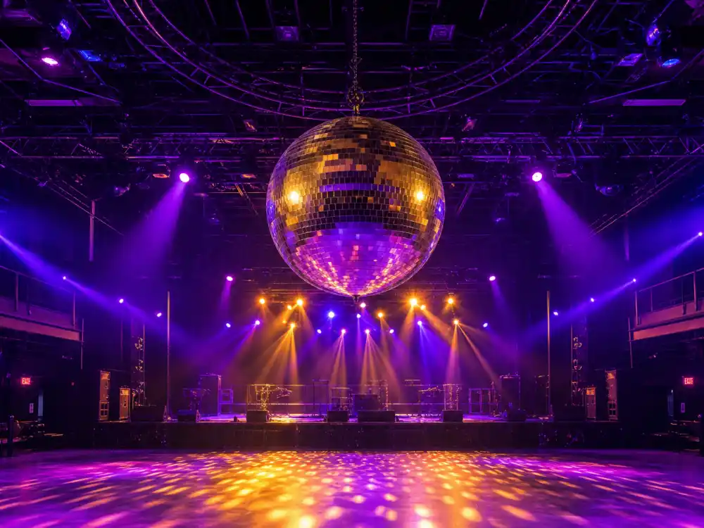 Disco ball and stage lights reflecting how old is Dua Lipa career arc from bedroom covers to arena pop stardom and Future Nostalgia era
