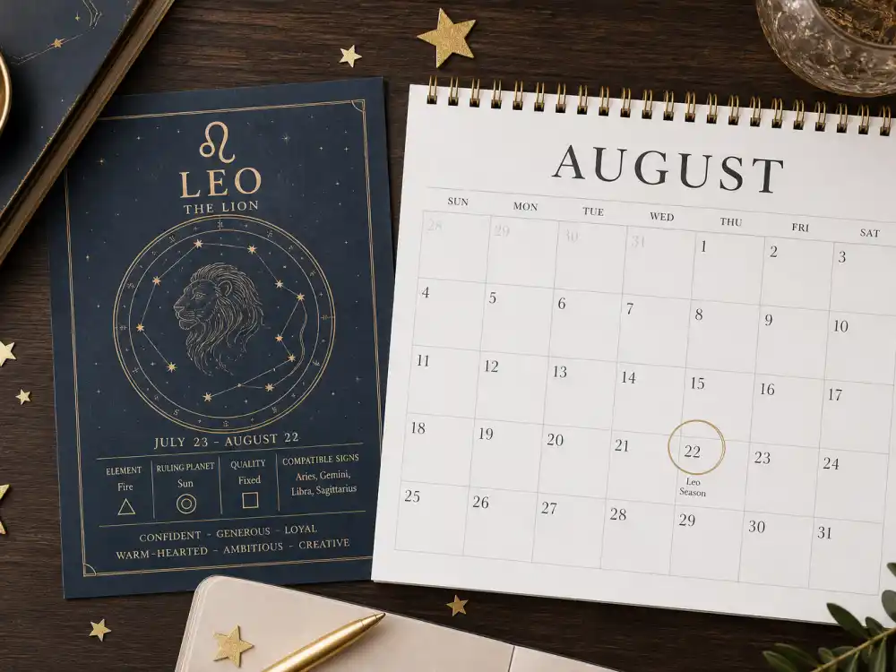 Leo zodiac chart beside August calendar for how old is Dua Lipa — August 22 birth date places her under the Leo sign in Western astrology