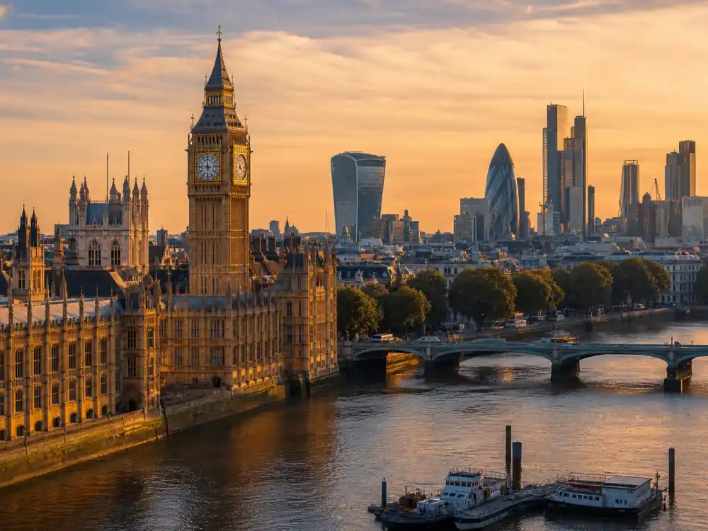 London skyline at golden hour evoking how old is Dua Lipa birthplace — the city where she was born on August 22, 1995