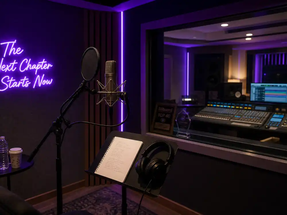 Recording studio vocal booth evoking how old is Dua Lipa career milestones from Warner signing to Grammy-winning global pop albums