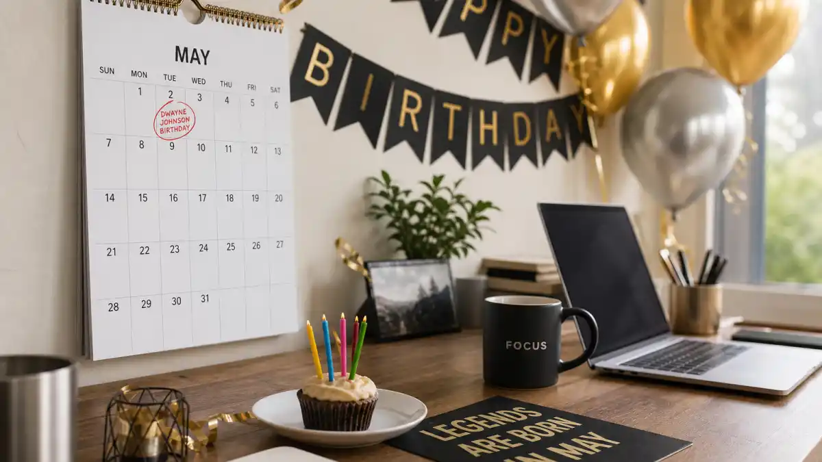 How old is Dwayne Johnson — desk calendar open to May with birthday decorations marking his Taurus birth date