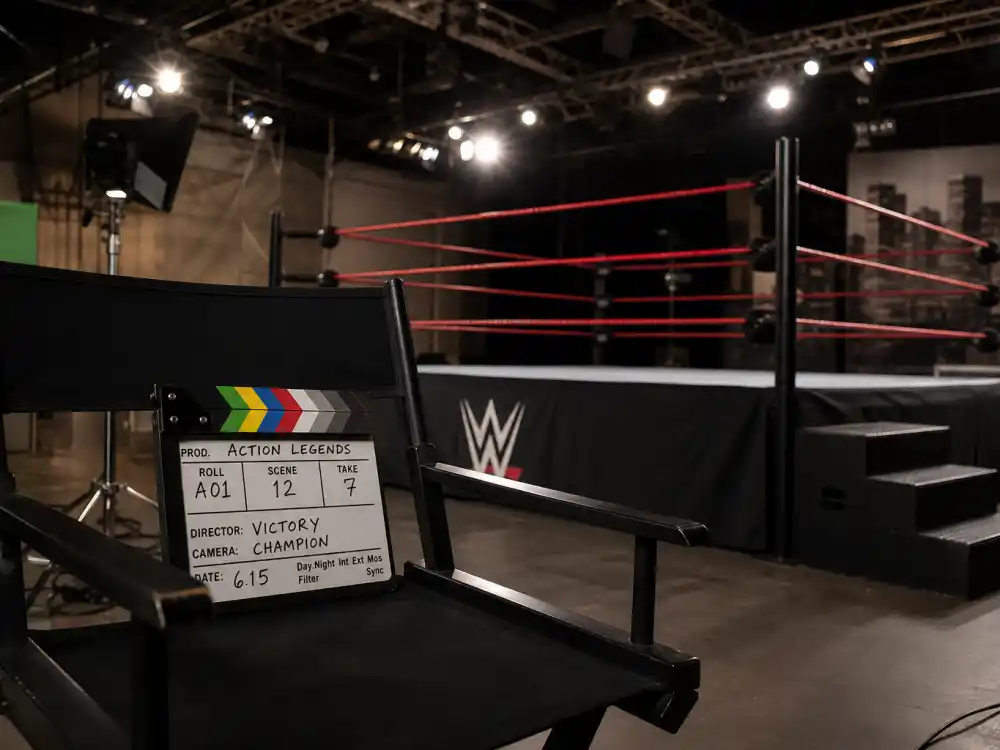 Film studio set reflecting how old is Dwayne Johnson career arc from WWE wrestling breakout to blockbuster action franchise dominance