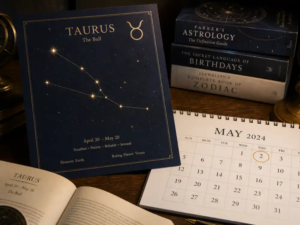 Taurus zodiac chart beside May calendar for how old is Dwayne Johnson — May 2 birth date places him under the Taurus sign in Western astrology