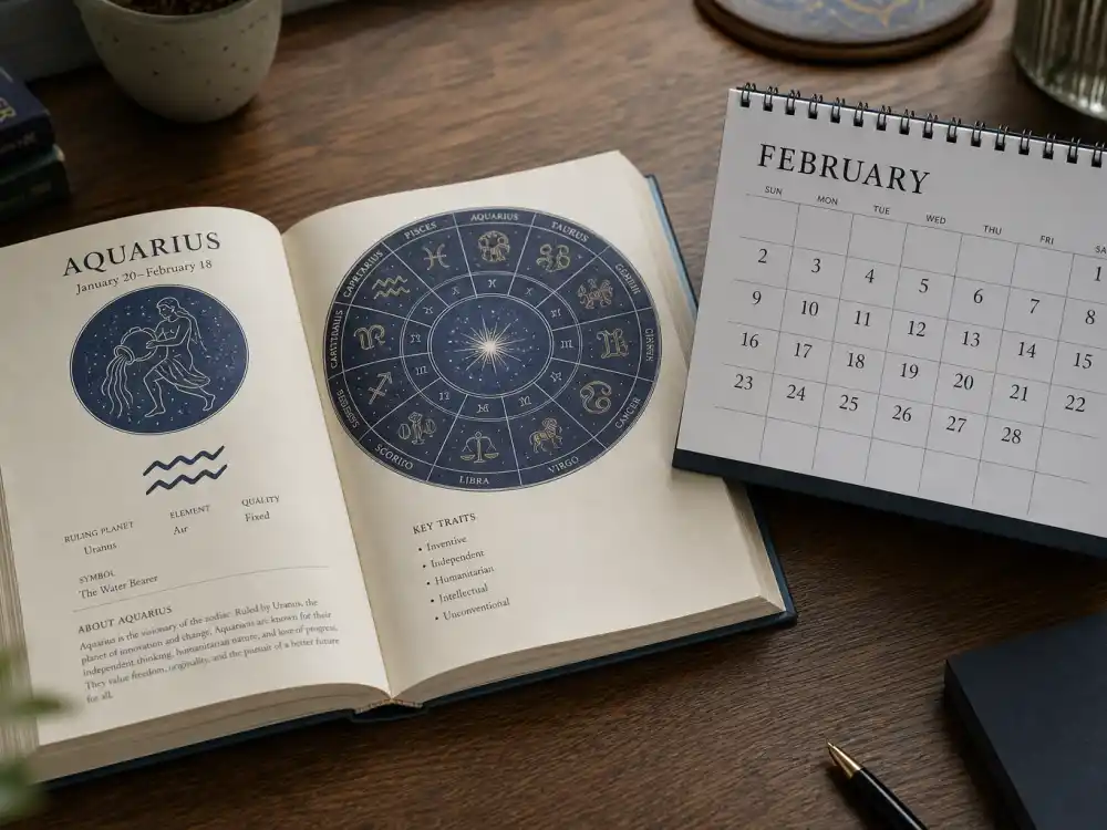 Aquarius zodiac chart beside February calendar for how old is Ed Sheeran — February 17 birth date places him under the Aquarius sign in Western astrology