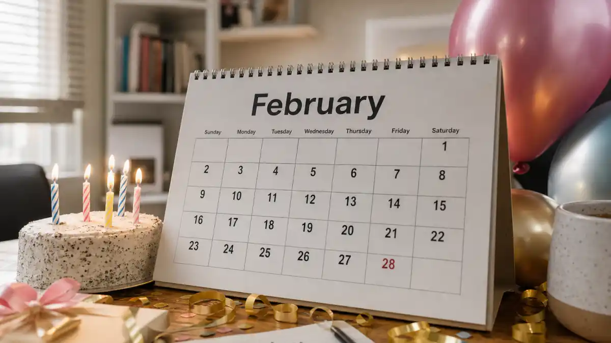 How old is Ed Sheeran — desk calendar open to February with birthday decorations marking his Aquarius birth date