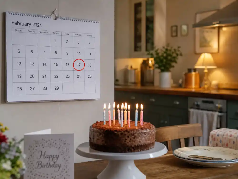 February 17 birthday calendar and candles marking how old is Ed Sheeran each year when fans celebrate his Aquarius birth date