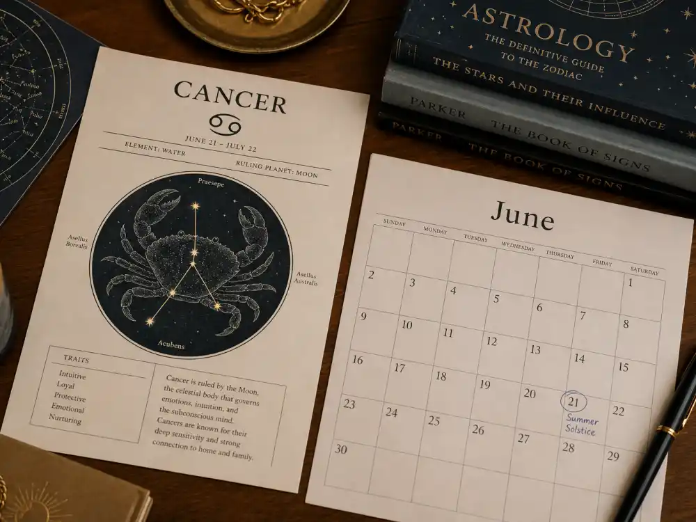 Cancer zodiac chart beside June calendar for how old is Elon Musk — June 28 birth date places him under the Cancer sign in Western astrology
