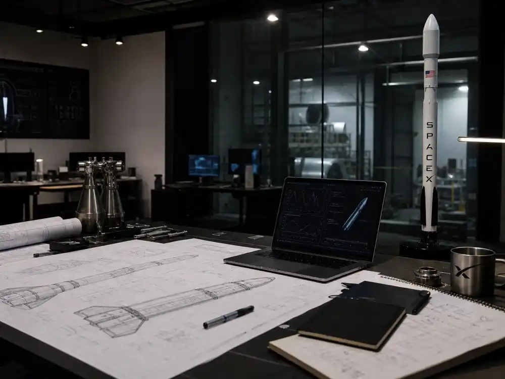 Space technology workspace with rocket blueprints reflecting how old is Elon Musk career arc from Zip2 and PayPal to SpaceX and Tesla leadership