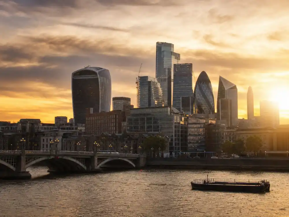 London skyline evoking how old is Emily Blunt birthplace — the city where Emily Blunt was born on February 23, 1983 in Wandsworth