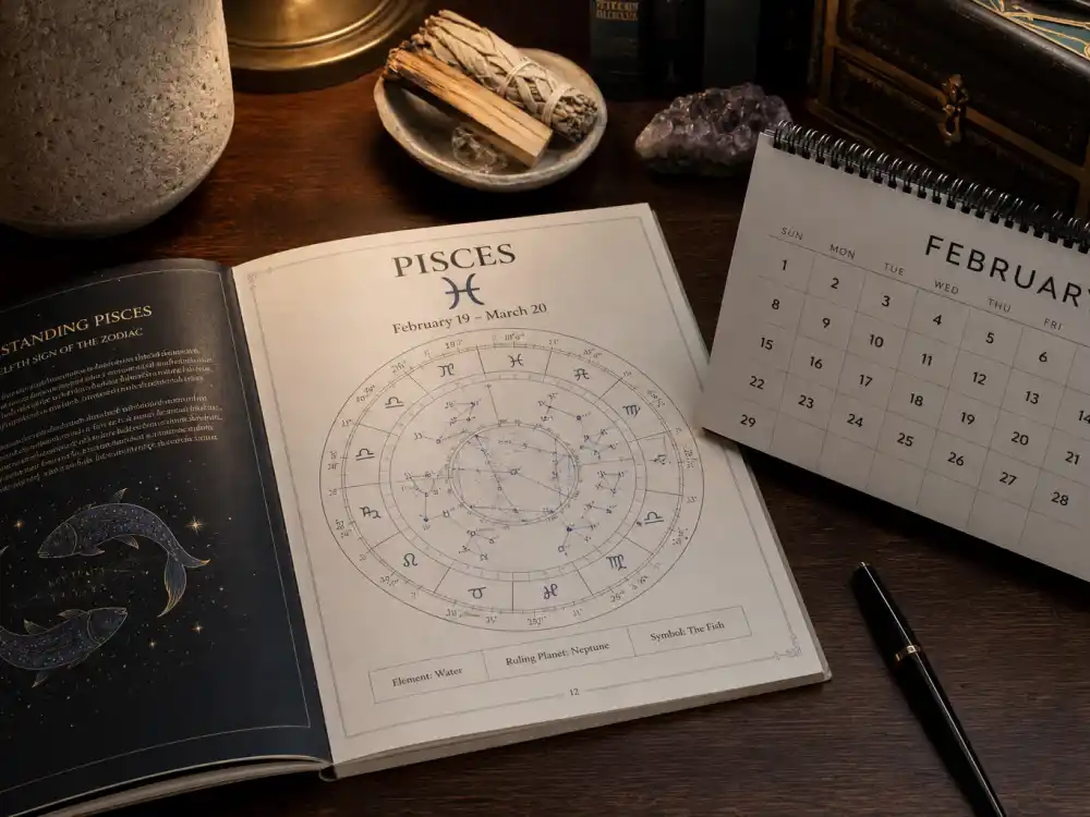 Pisces zodiac chart beside February calendar for how old is Emily Blunt — February 23 birth date places her under the Pisces sign in Western astrology