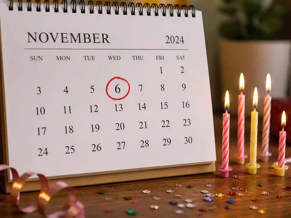 November 6 birthday calendar and candles marking how old is Emma Stone each year when fans celebrate her Scorpio birth date