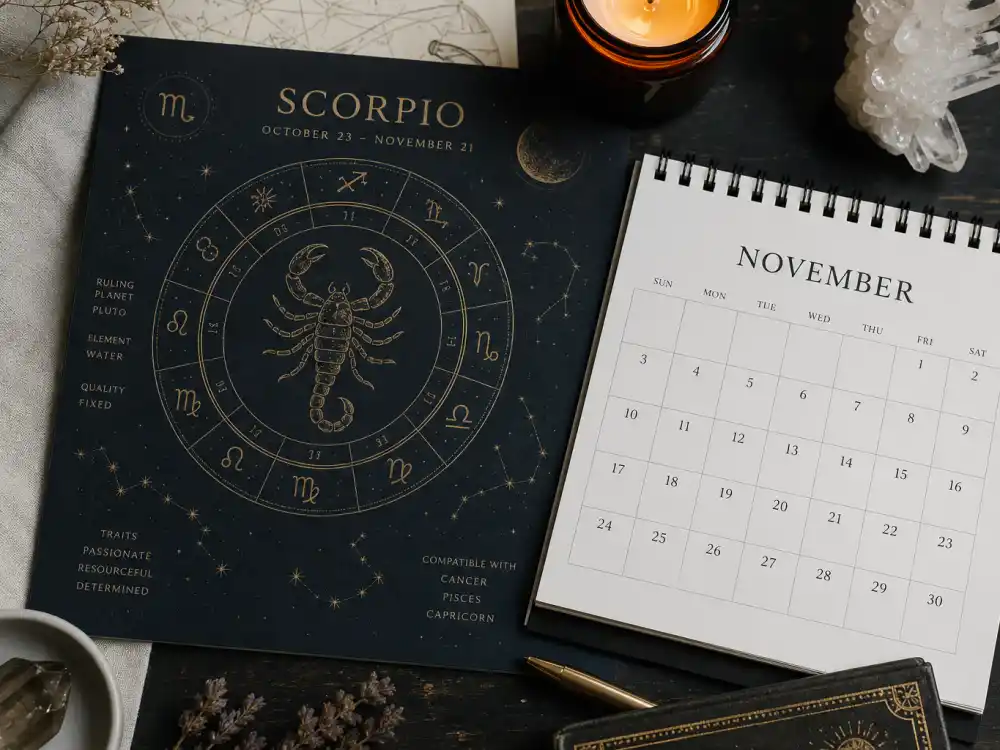 Scorpio zodiac chart beside November calendar for how old is Emma Stone — November 6 birth date places her under the Scorpio sign in Western astrology