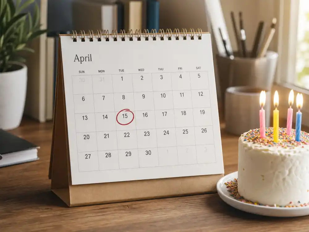 April 15 birthday calendar and candles marking how old is Emma Watson each year when fans celebrate her Aries birth date