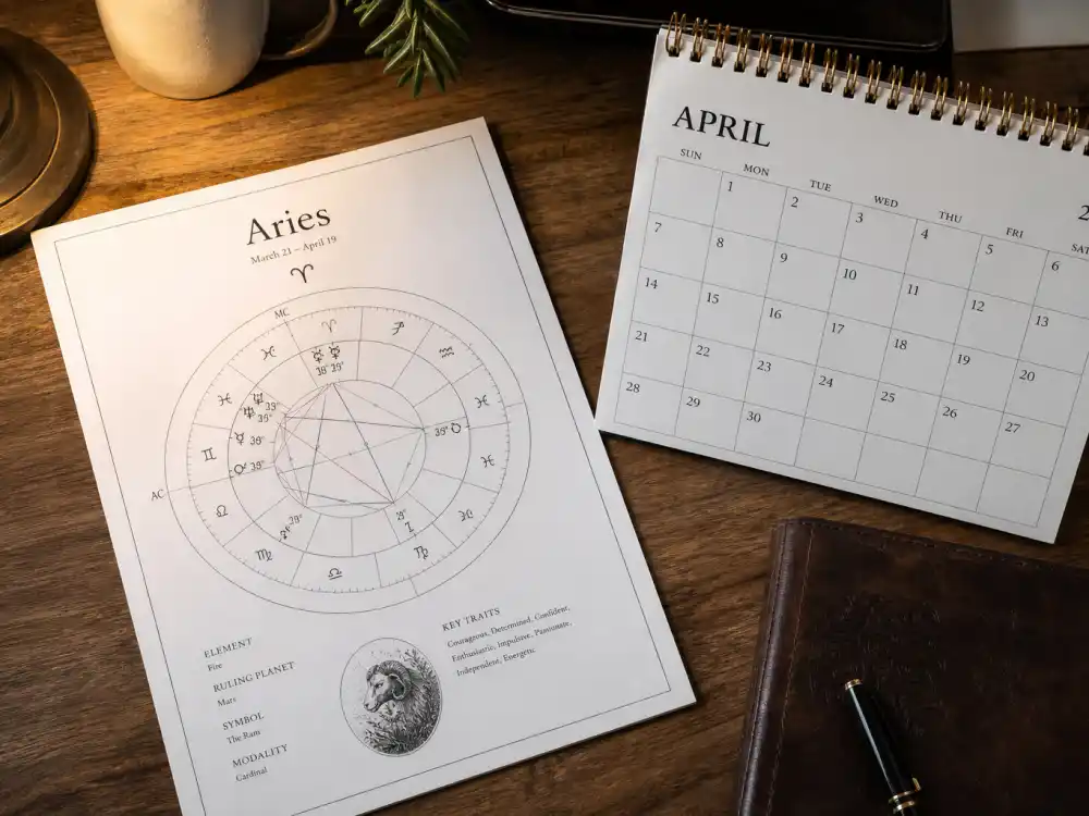 Aries zodiac chart beside April calendar for how old is Emma Watson — April 15 birth date places her under the Aries sign in Western astrology