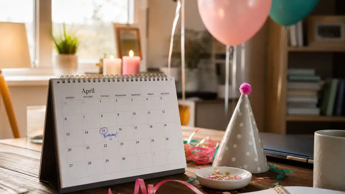 How old is Emma Watson — desk calendar open to April with birthday decorations marking her Aries birth date