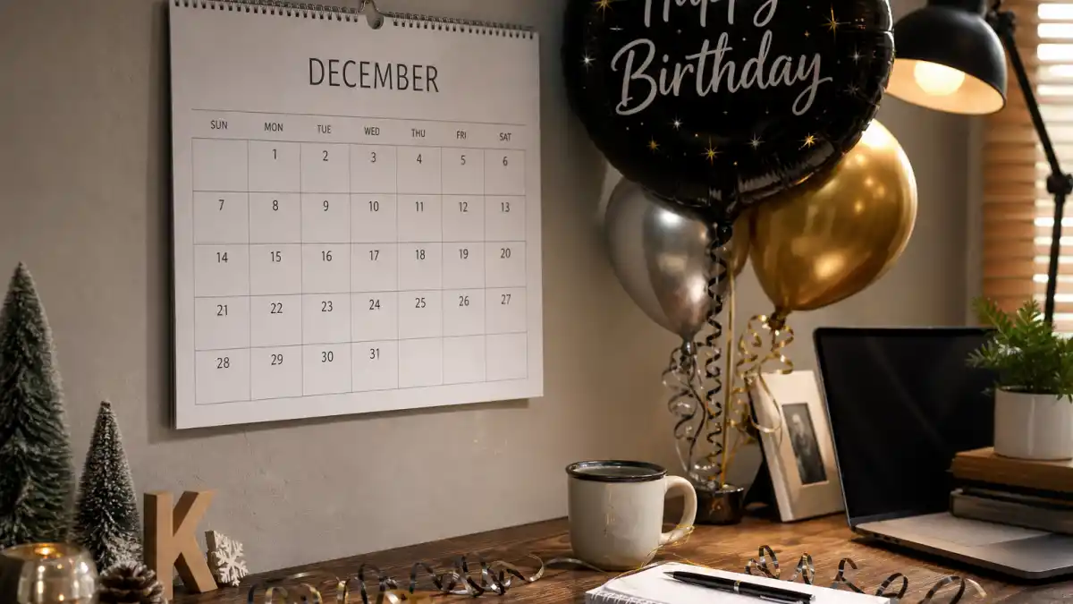 How old is Finn Wolfhard — desk calendar open to December with birthday decorations marking his Capricorn birth date