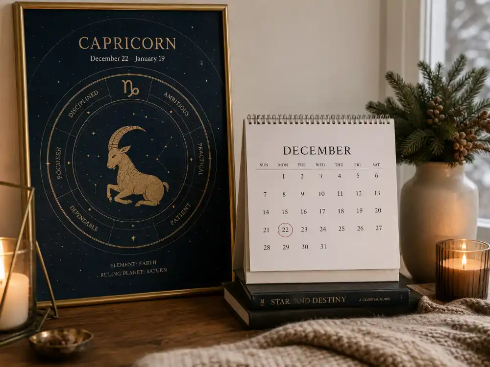 Capricorn zodiac chart beside December calendar for how old is Finn Wolfhard — December 23 birth date places him under the Capricorn sign in Western astrology