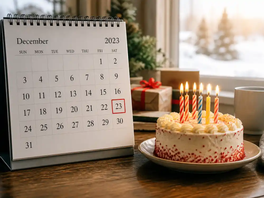December 23 birthday calendar and candles marking how old is Finn Wolfhard each year when fans celebrate his Capricorn birth date