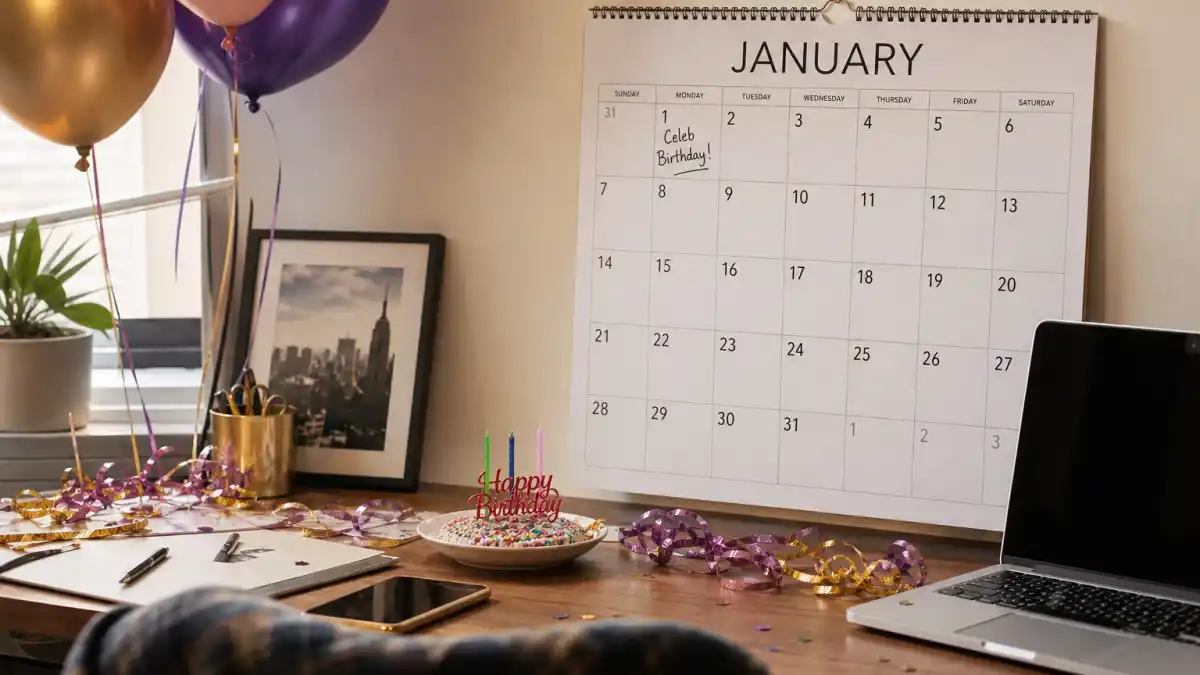 How old is Florence Pugh — desk calendar open to January with birthday decorations marking her Capricorn birth date