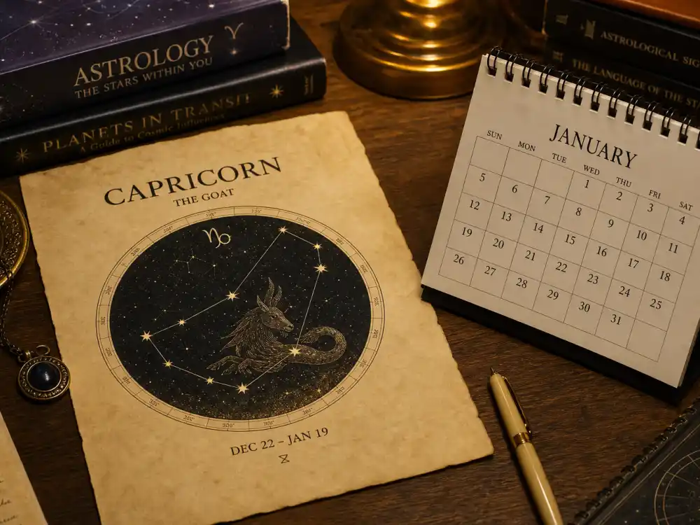 Capricorn zodiac chart beside January calendar for how old is Florence Pugh — January 3 birth date places her under the Capricorn sign in Western astrology