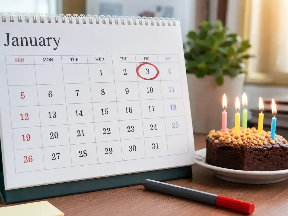 January 3 birthday calendar and candles marking how old is Florence Pugh each year when fans celebrate her Capricorn birth date