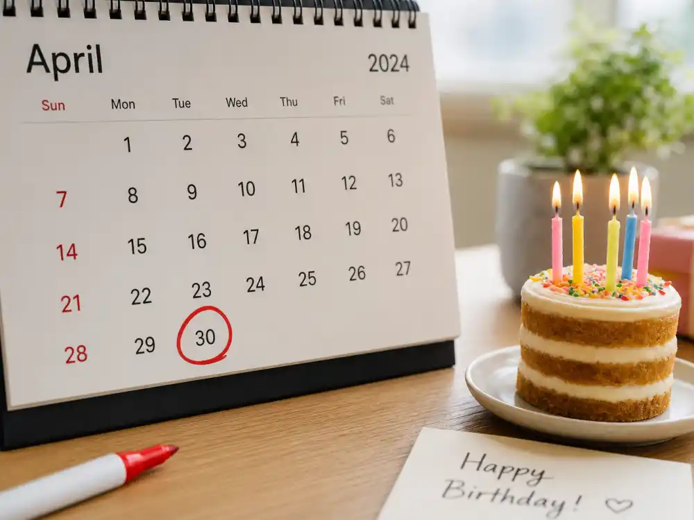 April 30 birthday calendar and candles marking how old is Gal Gadot each year when fans celebrate her Taurus birth date