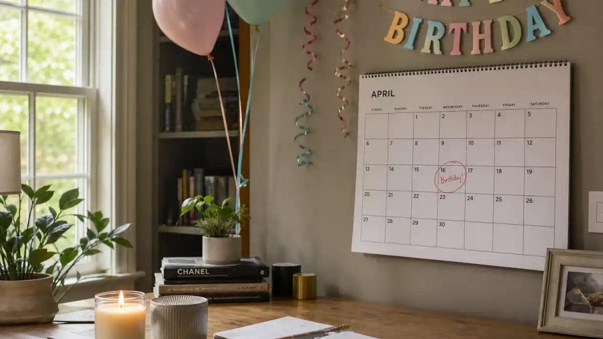 How old is Gal Gadot — desk calendar open to April with birthday decorations marking her Taurus birth date