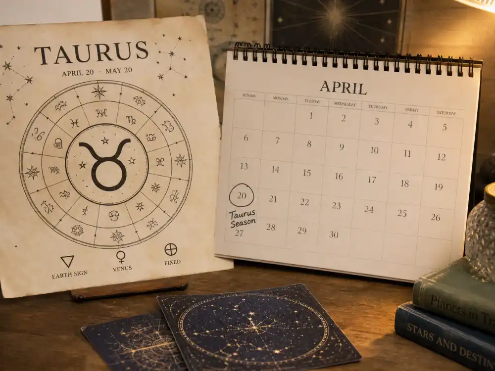 Taurus zodiac chart beside April calendar for how old is Gal Gadot — April 30 birth date places her under the Taurus sign in Western astrology