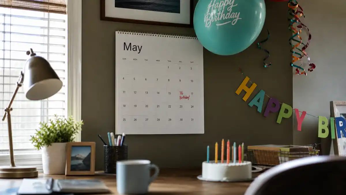 How old is George Clooney — desk calendar open to May with birthday decorations marking his Taurus birth date