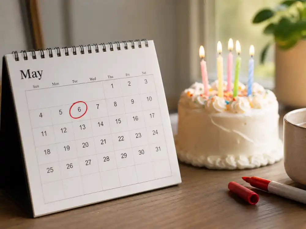 May 6 birthday calendar and candles marking how old is George Clooney each year when fans celebrate his Taurus birth date