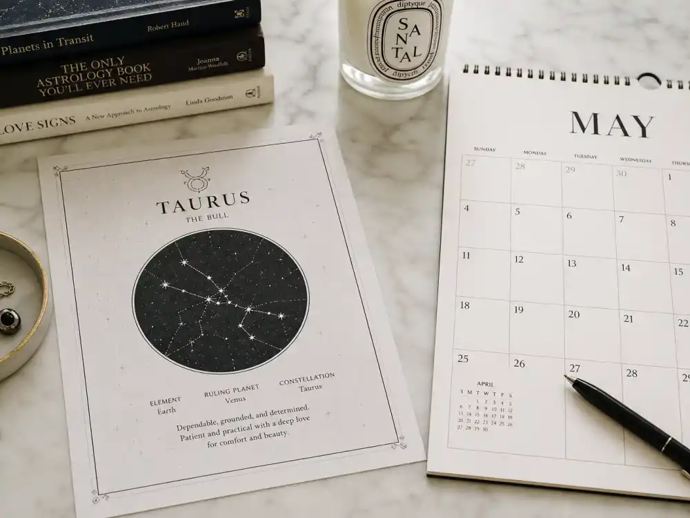 Taurus zodiac chart beside May calendar for how old is George Clooney — May 6 birth date places him under the Taurus sign in Western astrology