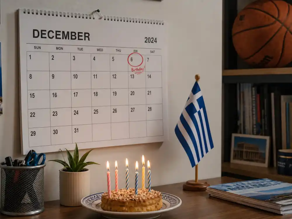 December 6 birthday calendar and candles marking how old is Giannis Antetokounmpo each year when fans celebrate his Sagittarius birth date