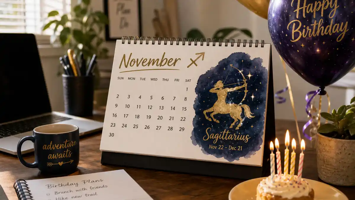How old is Hailey Bieber — desk calendar open to November with Sagittarius zodiac decorations marking her birthday birth date