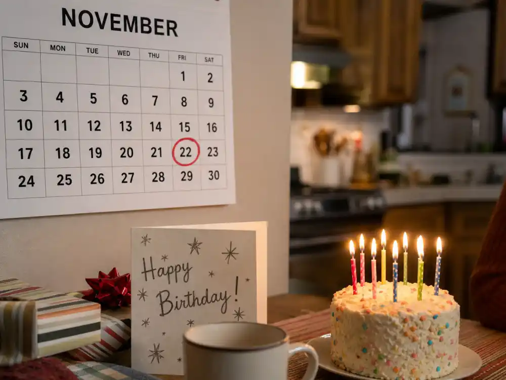 November 22 birthday calendar and candles marking how old is Hailey Bieber each year when fans celebrate her Sagittarius birth date