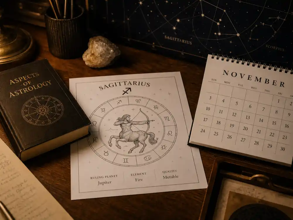 Sagittarius zodiac chart beside November calendar for how old is Hailey Bieber — November 22 birth date places her under the Sagittarius sign in Western astrology