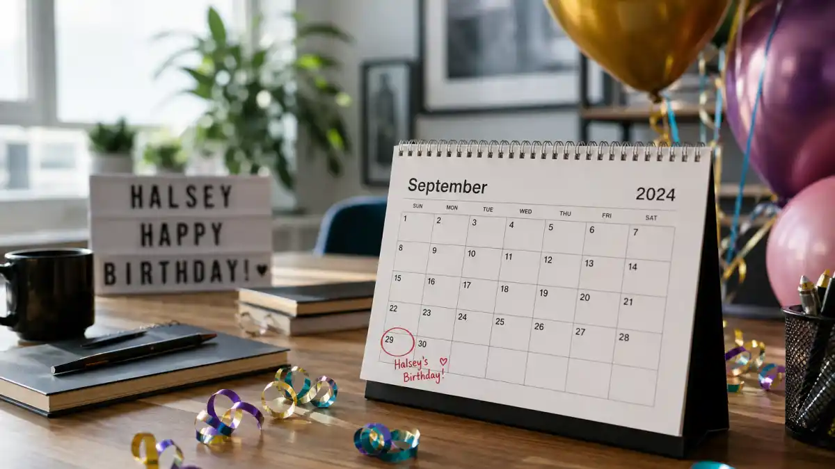 How old is Halsey — desk calendar open to September with birthday decorations marking her Libra birth date