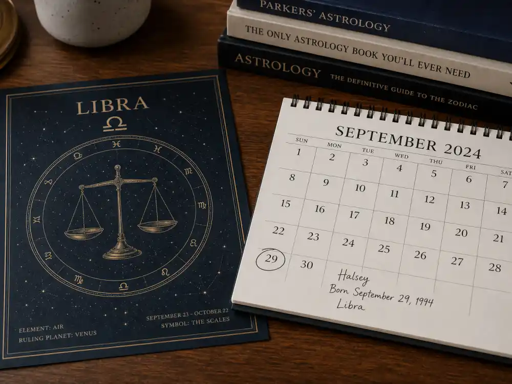 Libra zodiac chart beside September calendar for how old is Halsey — September 29 birth date places her under the Libra sign in Western astrology