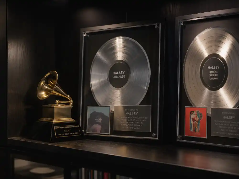 Music award trophy display reflecting how old is Halsey at industry peak — chart-topping singles and Grammy-nominated milestones in her twenties and early thirties