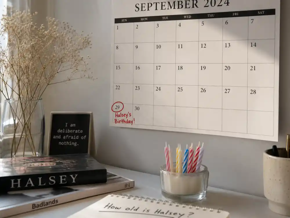 September 29 birthday calendar and candles marking how old is Halsey each year when fans celebrate her Libra birth date