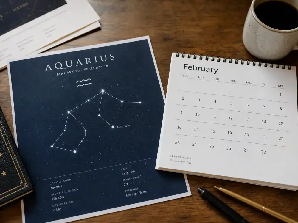 Aquarius zodiac chart beside February calendar for how old is Harry Styles — February 1 birth date places him under the Aquarius sign in Western astrology