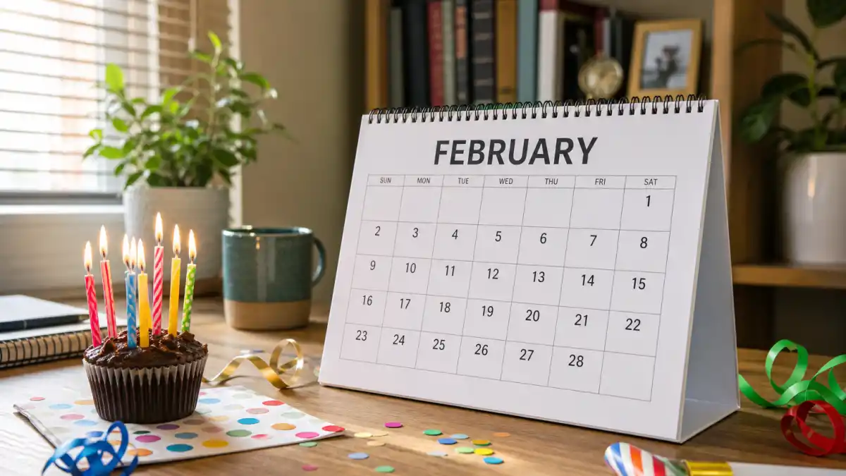 How old is Harry Styles — desk calendar open to February with birthday decorations marking his Aquarius birth date