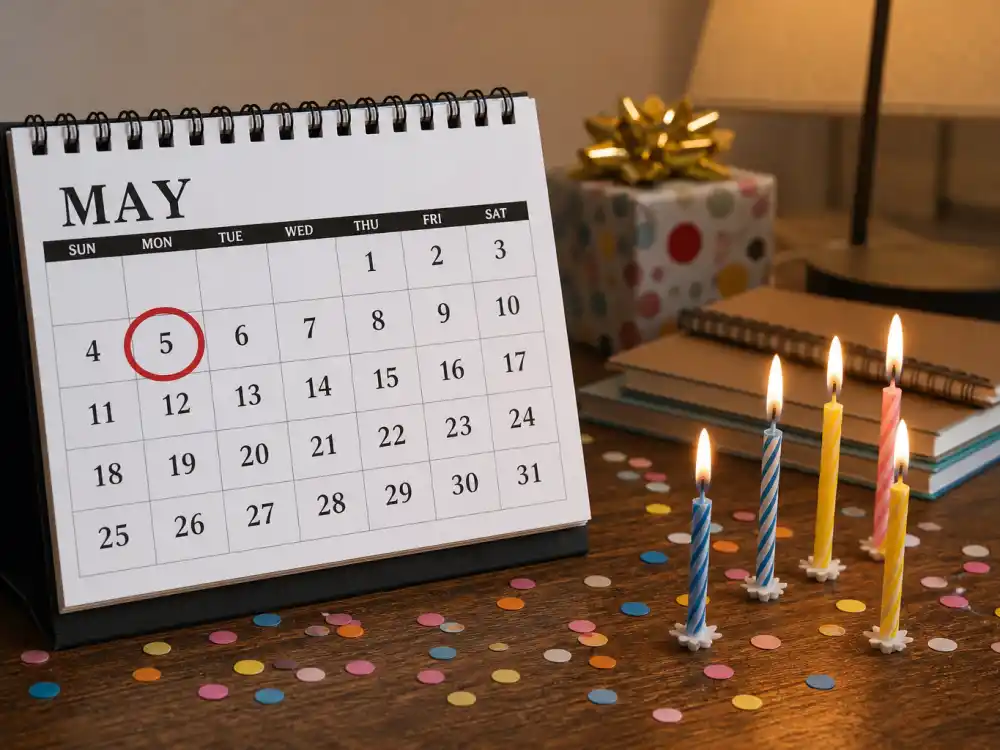 May 5 birthday calendar and candles marking how old is Henry Cavill each year when fans celebrate his Taurus birth date