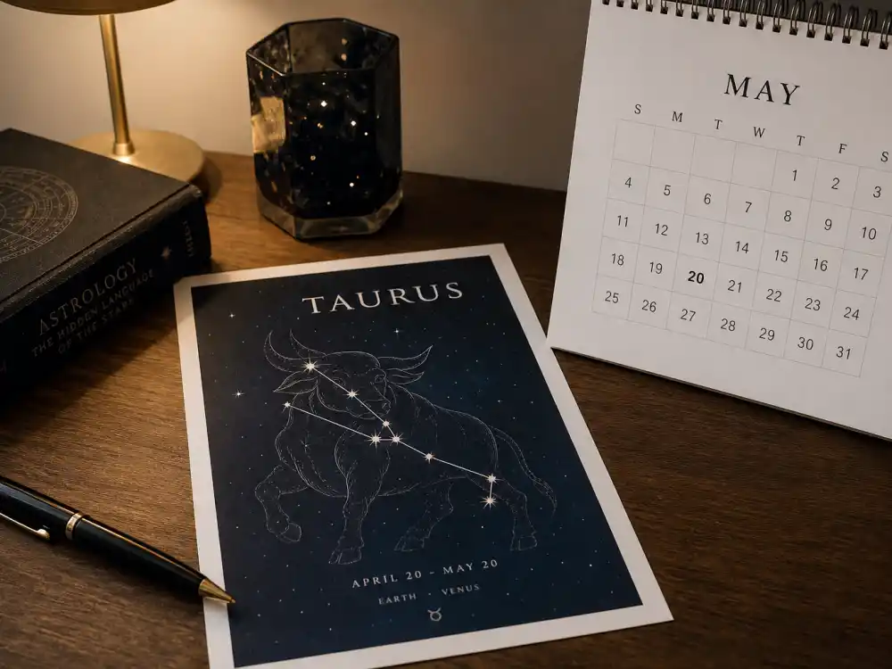 Taurus zodiac chart beside May calendar for how old is Henry Cavill — May 5 birth date places him under the Taurus sign in Western astrology
